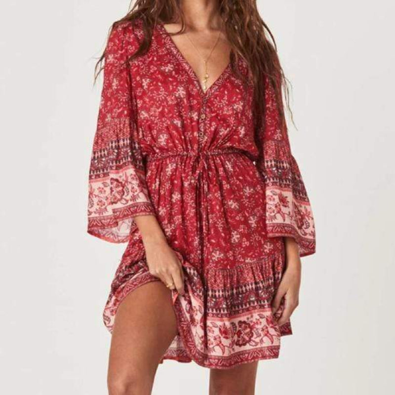 Boho Beach Hut Boho Dress, Plus Size dress, red dress, Khaki Dress, floral dress, hippie dress Red / S Boho Floral Print Mini Dress