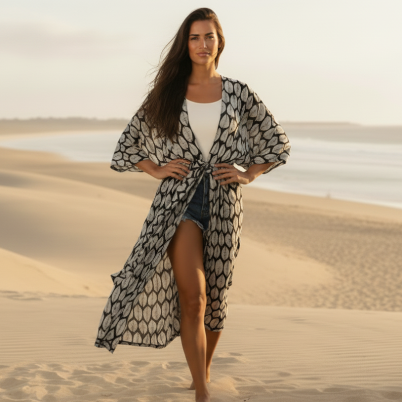 Boho Beach Hut Cardigan, Cover up, Kimono, Plus Size Long Floral Kimono Swimsuit Cover Up Black / One Size