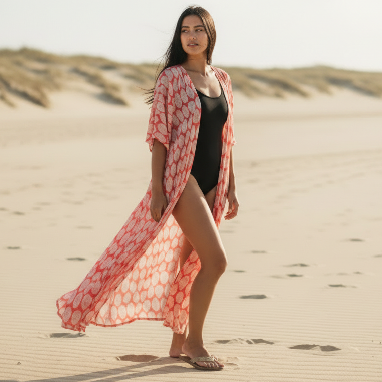 Boho Beach Hut Cardigan, Cover up, Kimono, Plus Size Long Floral Kimono Swimsuit Cover Up Red / One Size