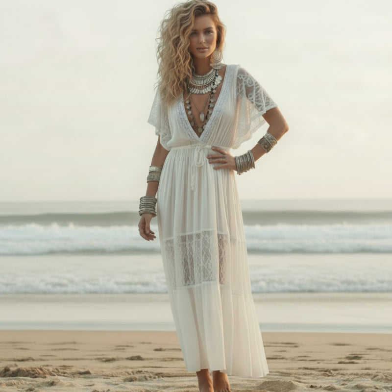 Boho Beach Hut Cover up, Beach Cover up Dress Lace Beach Cover Up White / One Size