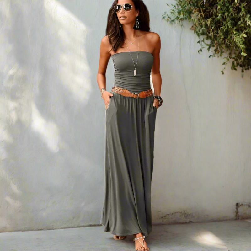 Boho Beach Hut Dress, Maxi Dress Boho Chic Bandeau Off Shoulder Maxi Dress Gray / S