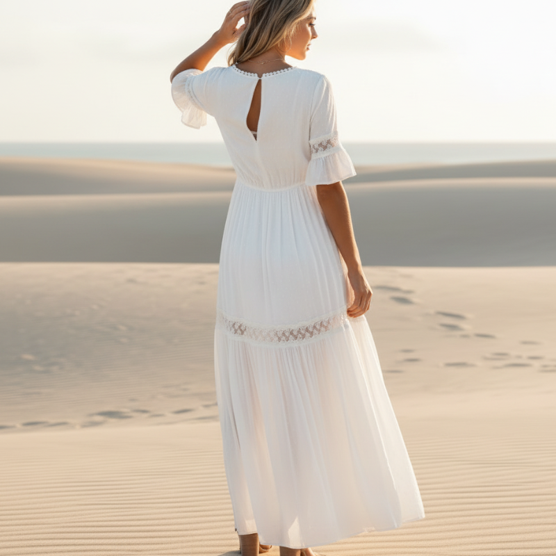 White Lace High Waist Boho Maxi Dress