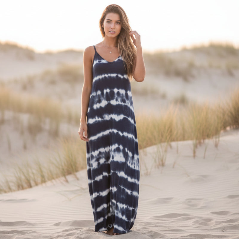 Boho Beach Hut Dresses, Maxi Dress Navy Blue / S Sleeveless Casual Loose Maxi Dress