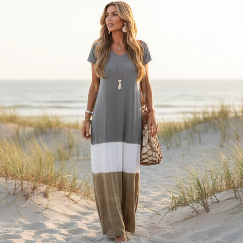 Boho Beach Hut Maxi Dress, Plus Size Dress Boho Casual Multi-Colored Maxi Dress Gray / S