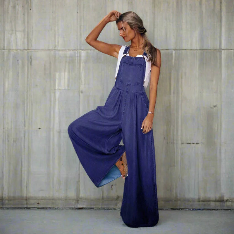 Boho Beach Hut Overalls, Jumpsuit Vintage Boho Denim Wide Leg Overalls Navy Blue / S