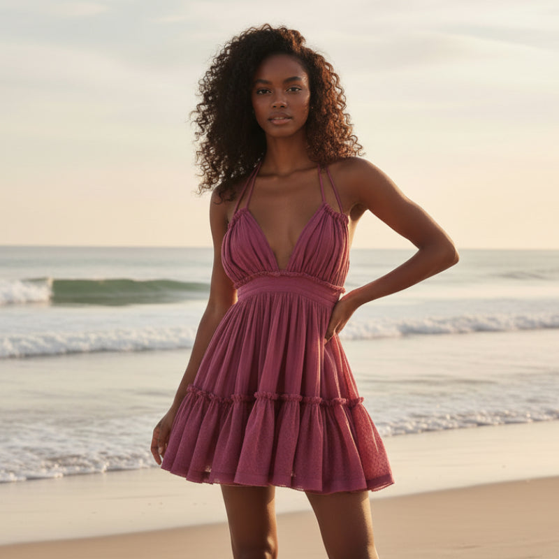Boho Beach Hut Plus Size dress, Boho Dress, Summer Dress, Sun Dress, mini dress, ruffle dress, white dress, black dress, blue dress, red dress, green dress, pink dress, beach dress, dinner dress, party dress sleeveless dress, halter dress Boho Mini Dress Rose Red / S