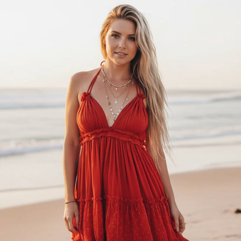 Boho Beach Hut Plus Size dress, Boho Dress, Summer Dress, Sun Dress, mini dress, ruffle dress, white dress, black dress, blue dress, red dress, green dress, pink dress, beach dress, dinner dress, party dress sleeveless dress, halter dress Boho Mini Dress Red / S