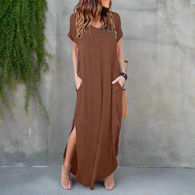 Boho Beach Hut Plus Size dress, short sleeve dress, Beach Dress, Chic Dress, Summer Dress, Maxi Dress, long dress, black dress, burgundy dress, blue dress, navy dress, gray dress, brown dress, casual dress Casual T-Shirt Maxi Dress Brown / S