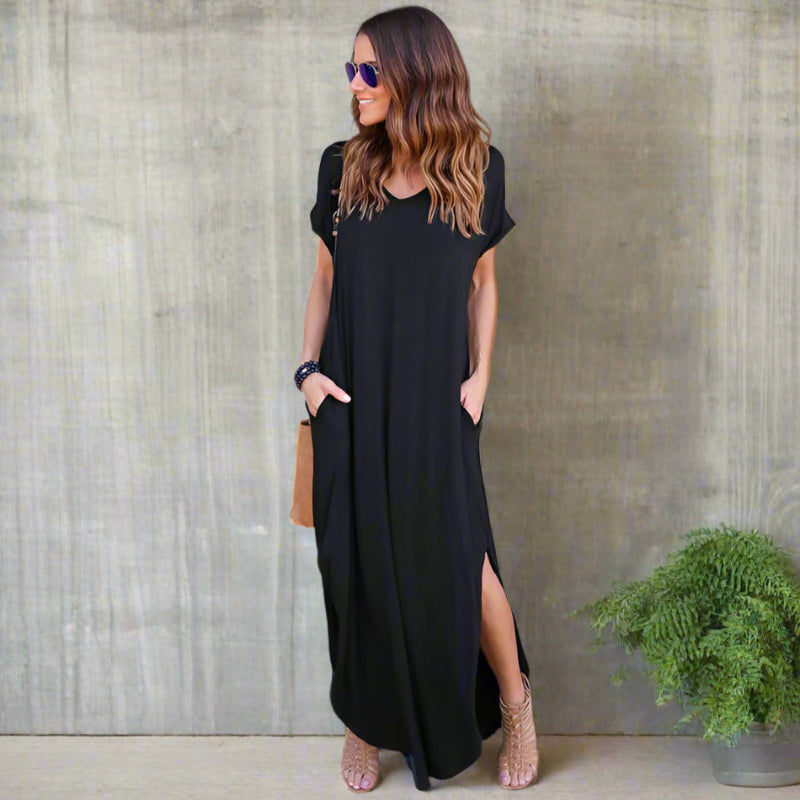 Boho Beach Hut Plus Size dress, short sleeve dress, Beach Dress, Chic Dress, Summer Dress, Maxi Dress, long dress, black dress, burgundy dress, blue dress, navy dress, gray dress, brown dress, casual dress Black / S Casual T-Shirt Maxi Dress