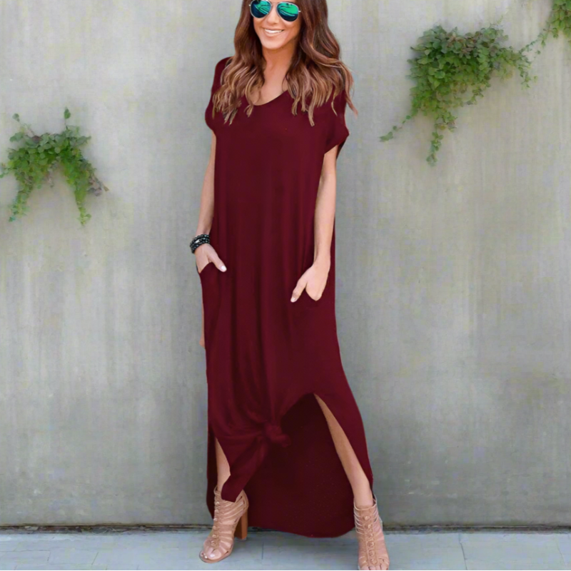 Boho Beach Hut Plus Size dress, short sleeve dress, Beach Dress, Chic Dress, Summer Dress, Maxi Dress, long dress, black dress, burgundy dress, blue dress, navy dress, gray dress, brown dress, casual dress Casual T-Shirt Maxi Dress Burgundy / S