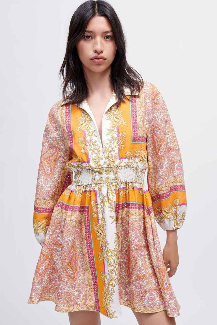 Yellow Collared V-Neck Long Sleeve Paisley Print Smocked Waist A-Line Mini Dress