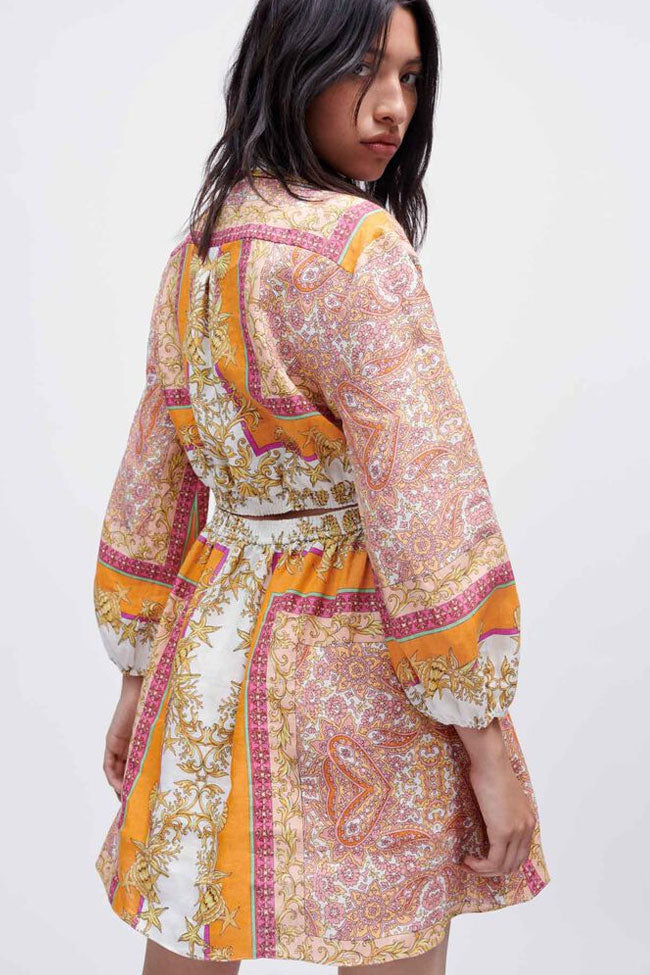 Yellow Collared V-Neck Long Sleeve Paisley Print Smocked Waist A-Line Mini Dress