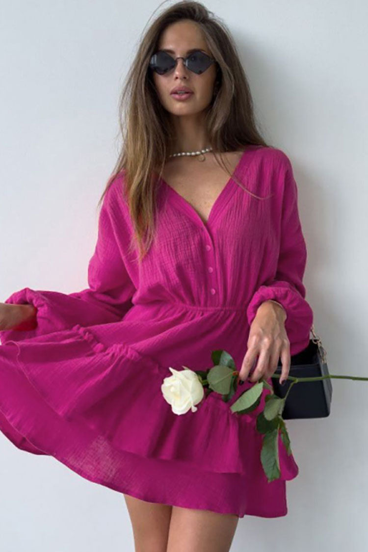 Rose V-Neck Long Sleeve Button Front Layered Ruffle Tiered A-Line Mini Dress