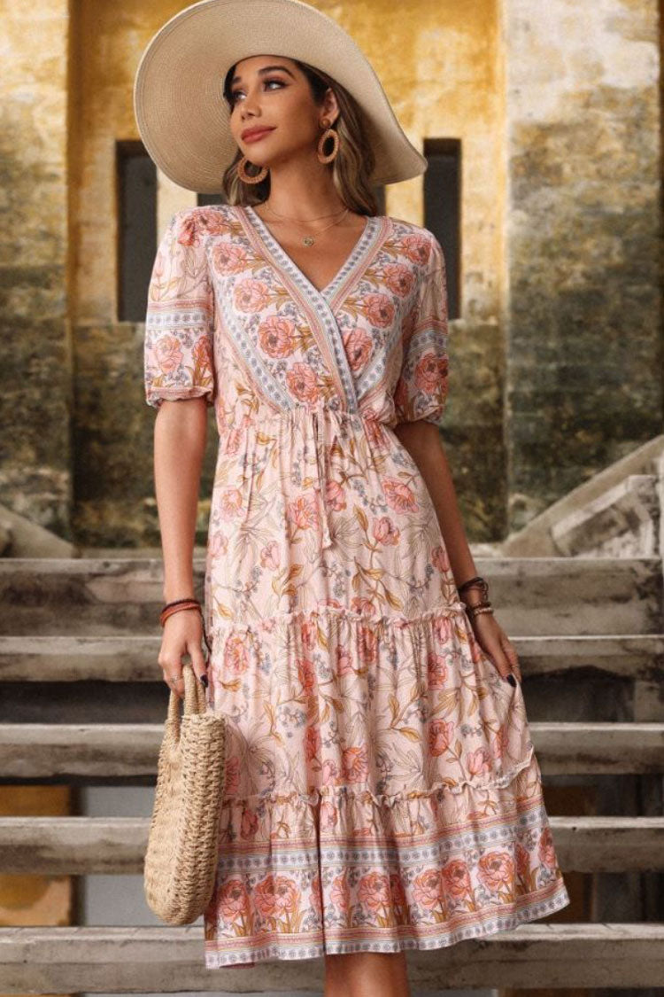 V-Neck Short Sleeve Floral Print Tiered Ruffle Wrap Midi Dress