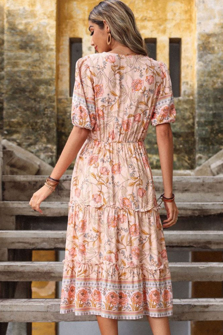 V-Neck Short Sleeve Floral Print Tiered Ruffle Wrap Midi Dress