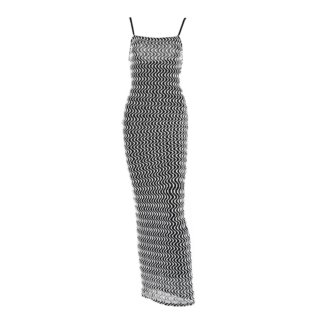 Black Spaghetti Strap Wavy Zigzag Print Bodycon Maxi Dress