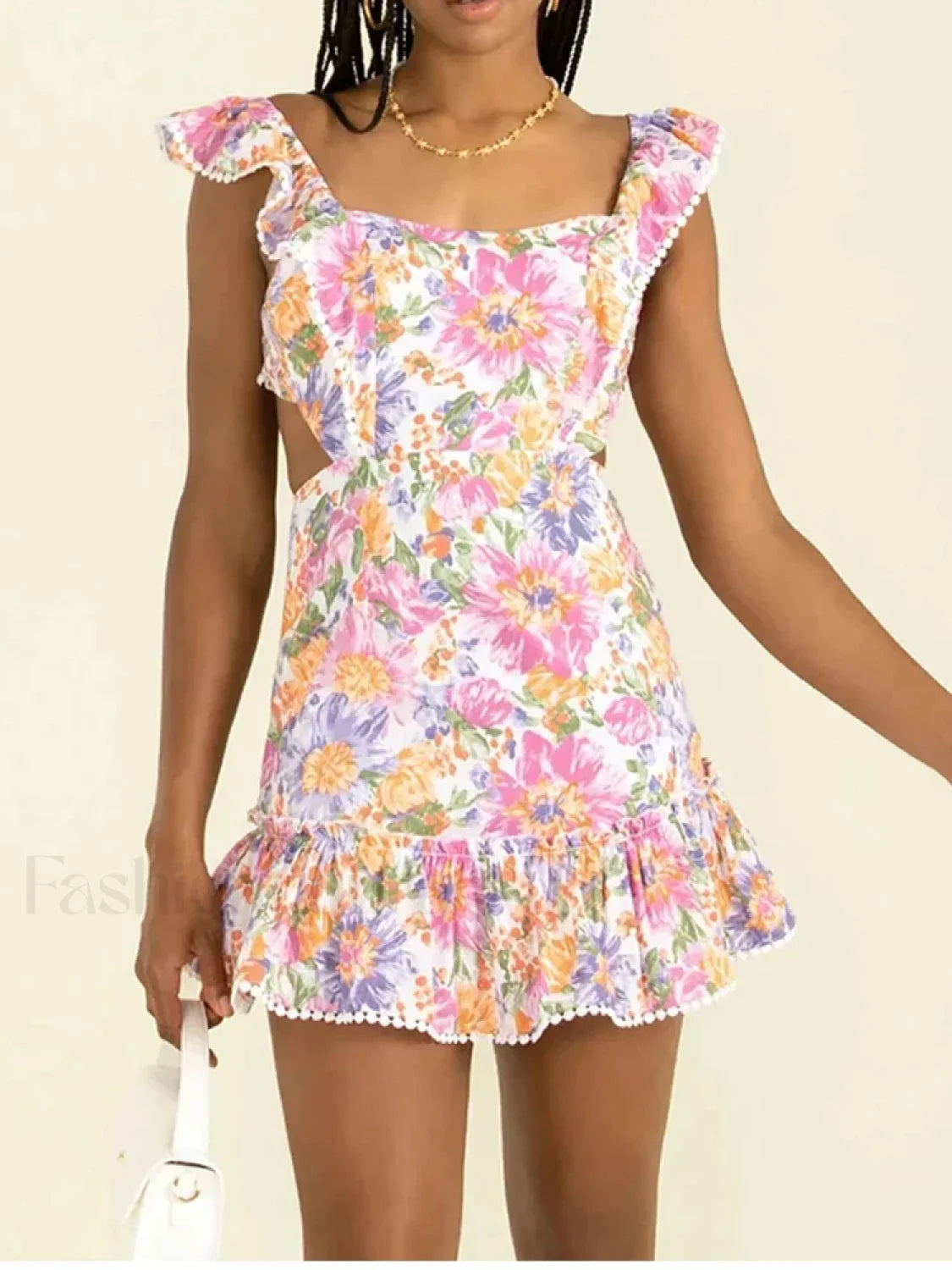 Boho Floral Backless Mini Dress Pink / S