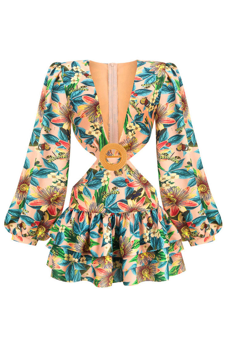 Floral Deep V-Neck Long Sleeve Tropical Print O-Ring Cutout Ruffle Mini Dress