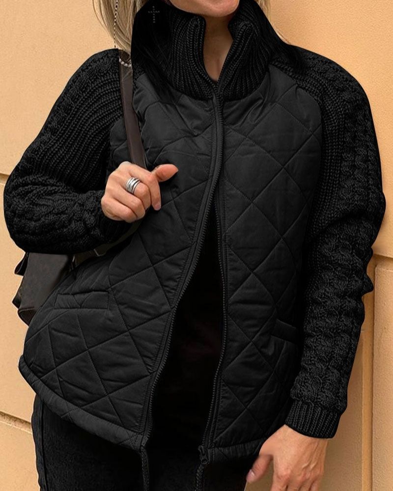Stand Collar Zip Front Quilted Cable Knit Sleeve Jacket
