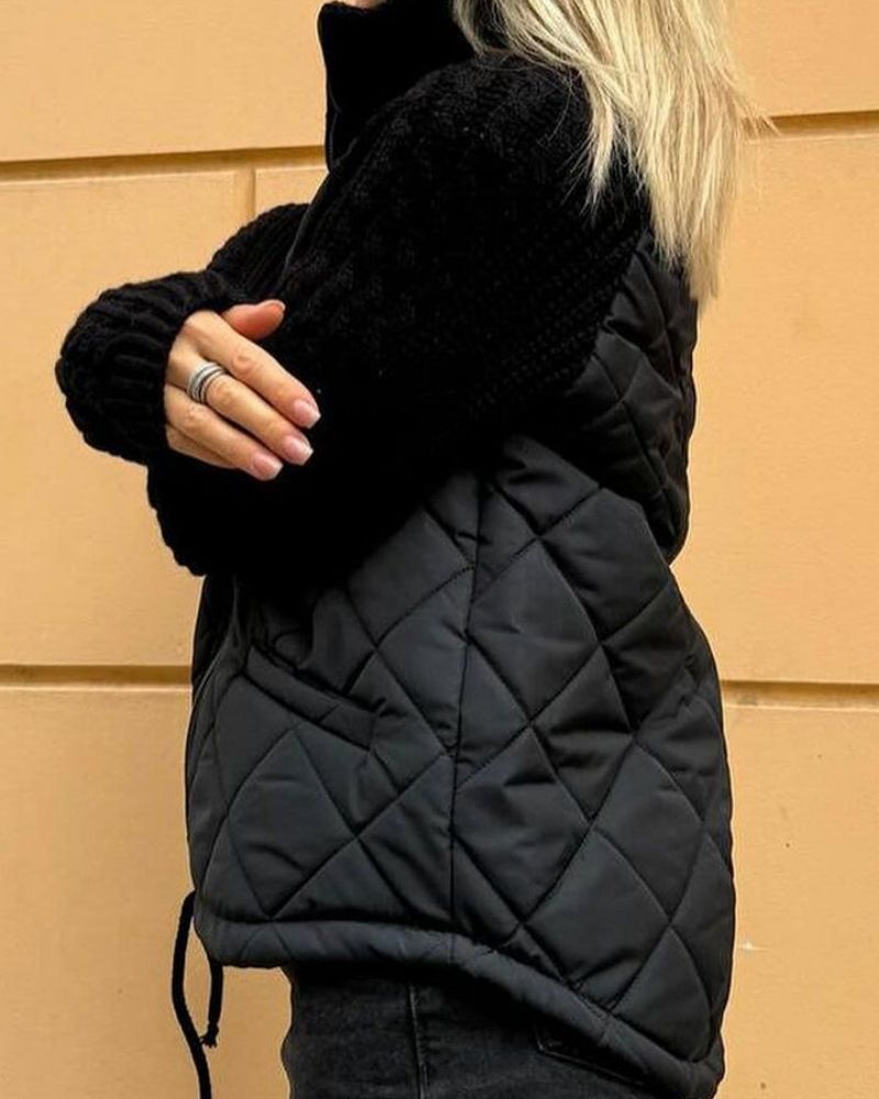 Stand Collar Zip Front Quilted Cable Knit Sleeve Jacket