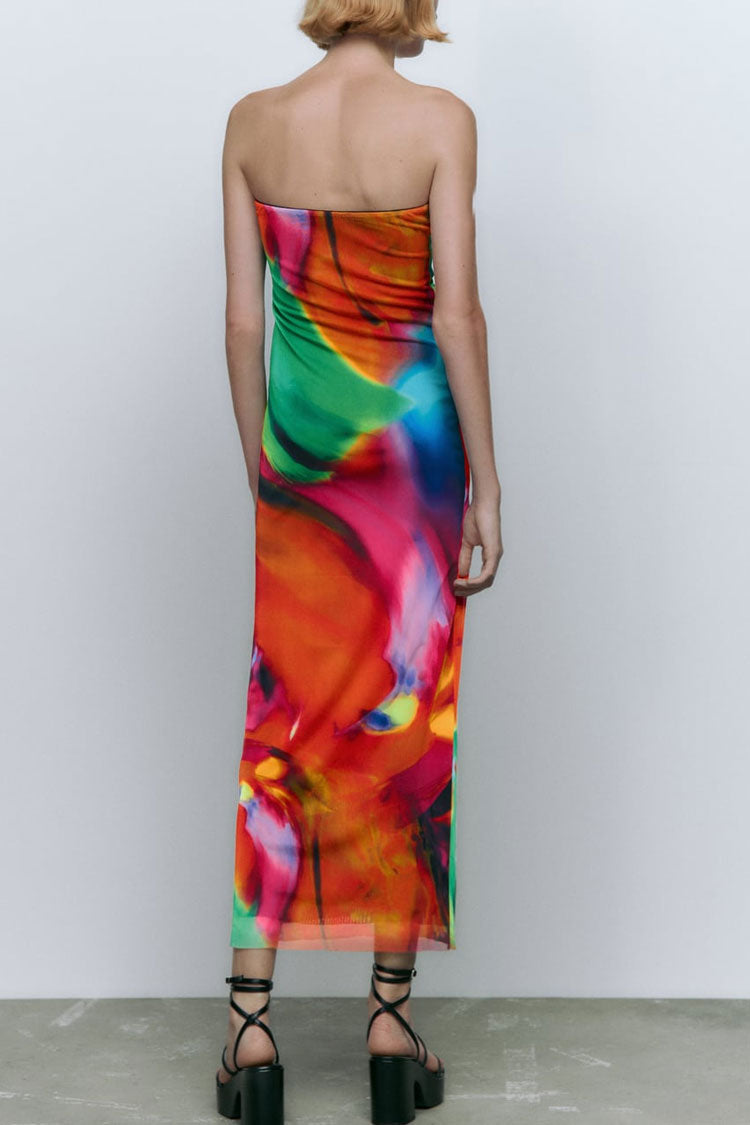 Multicolor Strapless Abstract Print Mesh Bodycon Maxi Dress
