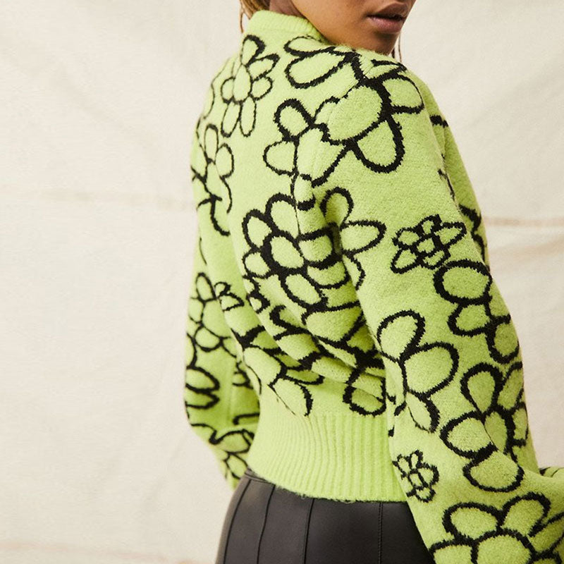 Green Crew Neck Floral Daisy Jacquard Balloon Sleeve Cropped Knit Sweater