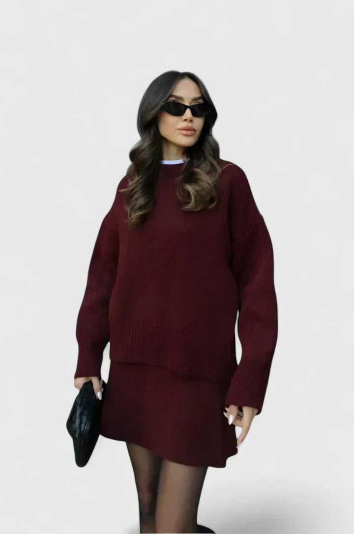 Round Neck Long Sleeve Oversized Knit Sweater Skirt Set 6