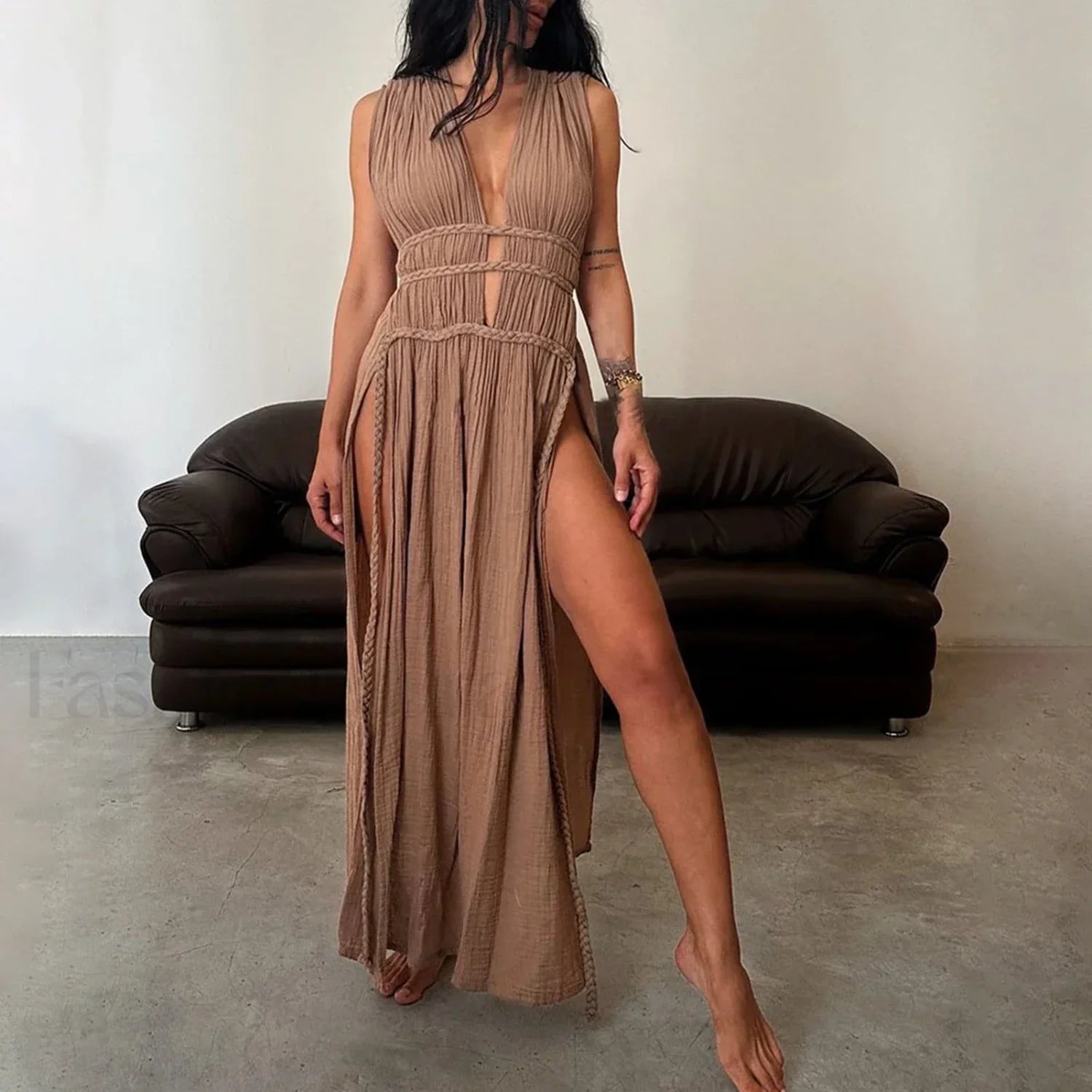 Braided Rope Off Shoulder Boho Dress Dark Brown / One Size