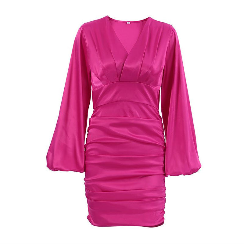 Hot Pink V-Neck Satin Bishop Sleeve Ruched Bodycon Mini Dress