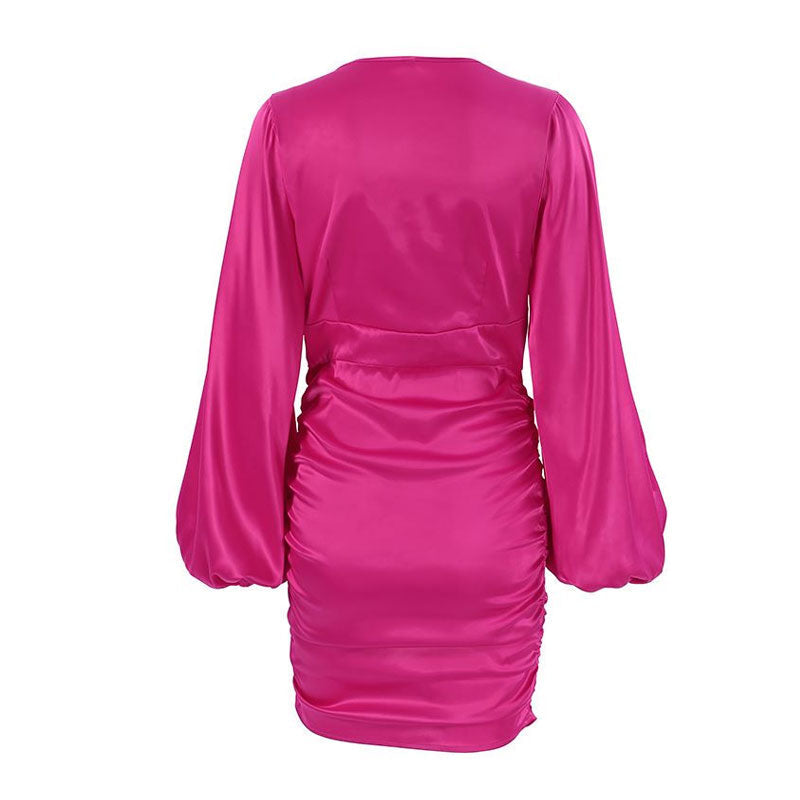 Hot Pink V-Neck Satin Bishop Sleeve Ruched Bodycon Mini Dress