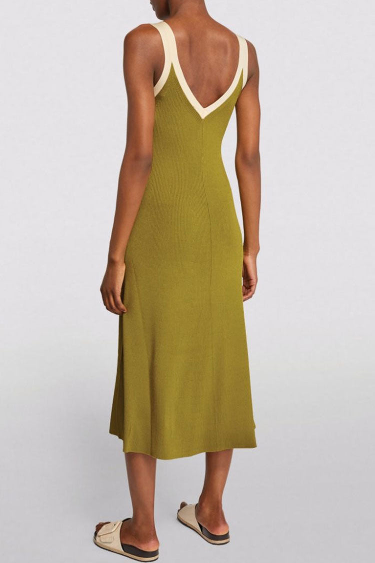 Green V-Neck Contrast Trim Ribbed Knit Front Slit A-Line Midi Dress 2
