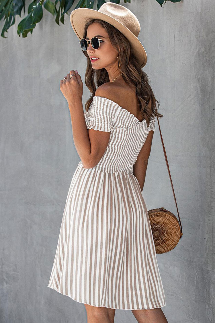 Coffee Off-Shoulder Striped Smocked Bodice A-Line Mini Sundress