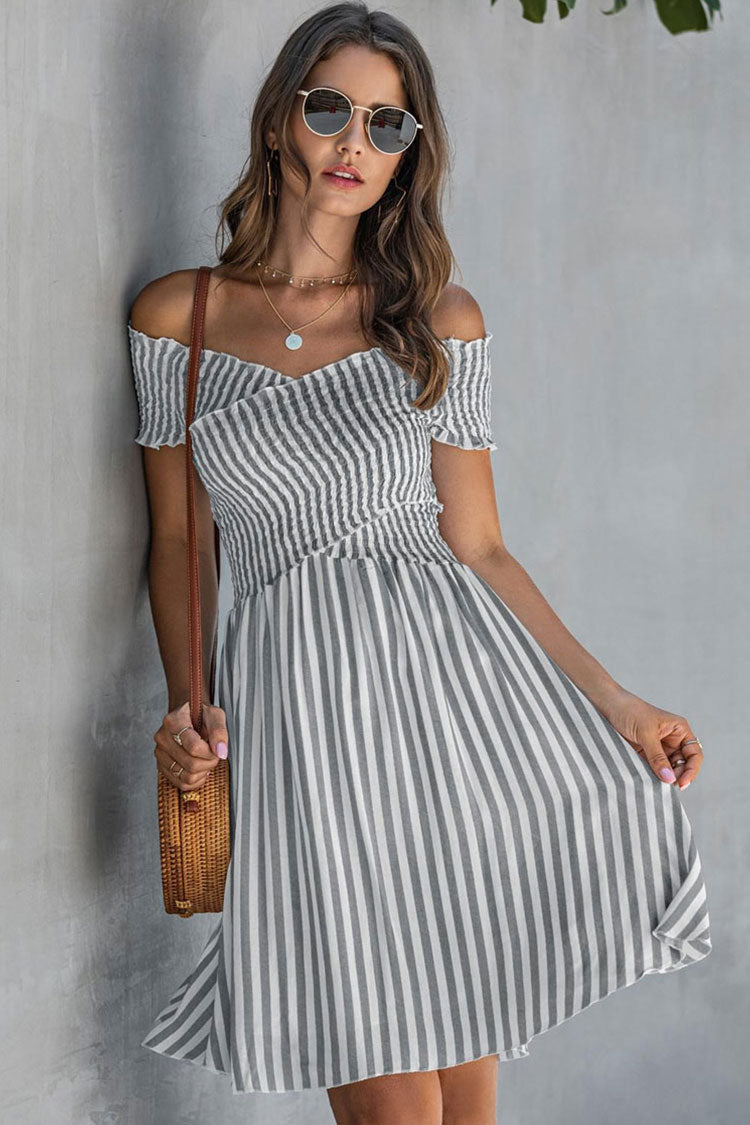 Gray Off-Shoulder Striped Smocked Bodice A-Line Mini Sundress