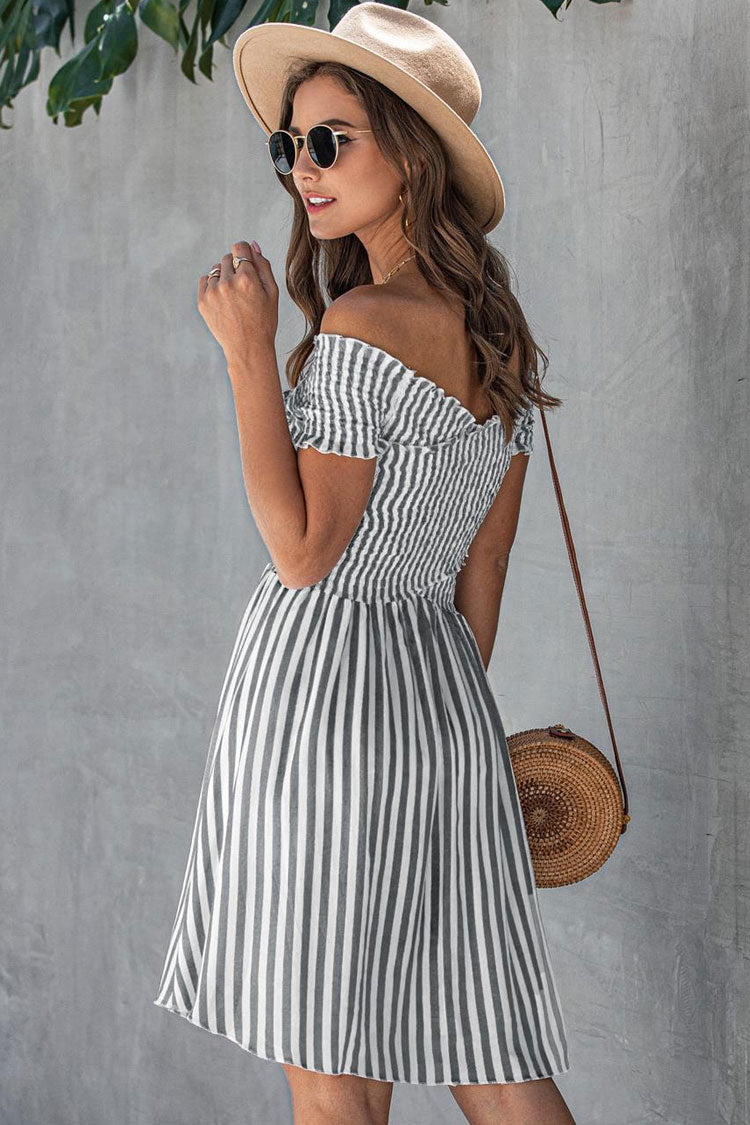 Gray Off-Shoulder Striped Smocked Bodice A-Line Mini Sundress