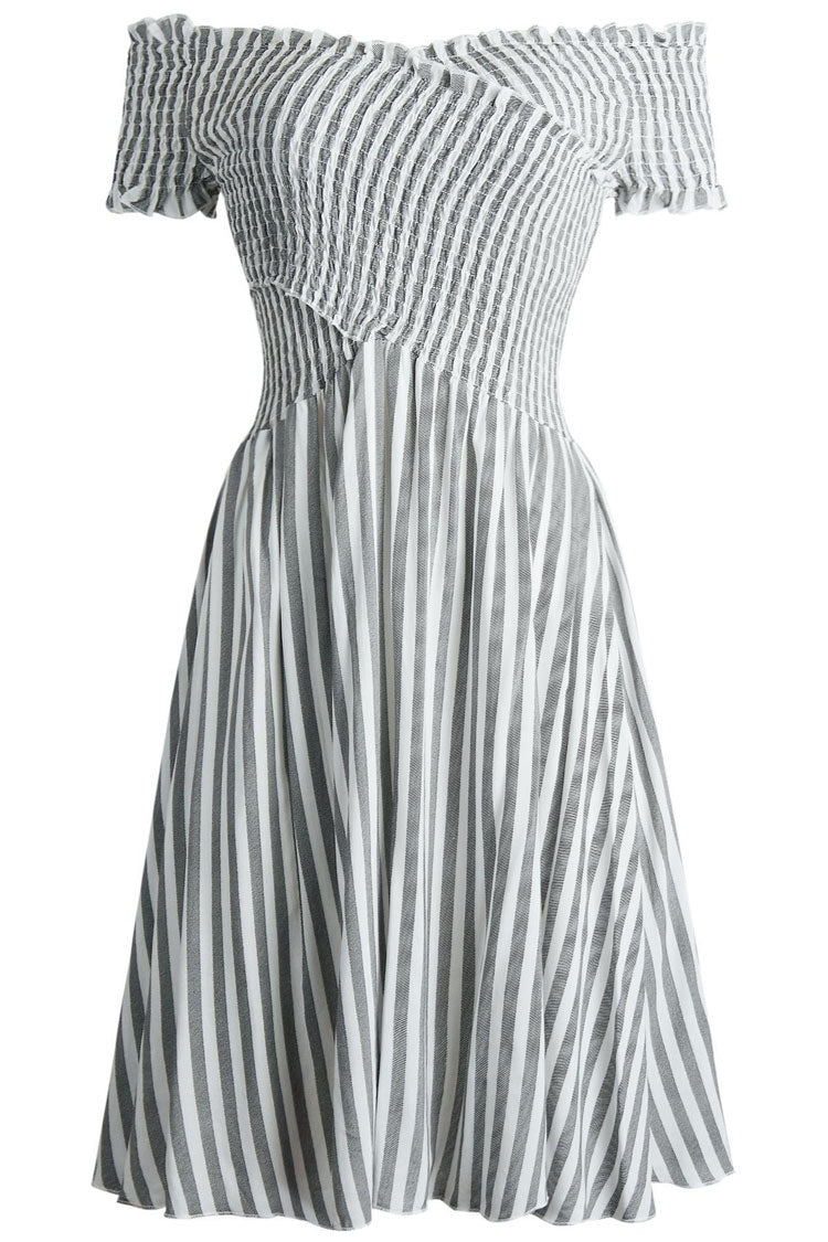Gray Off-Shoulder Striped Smocked Bodice A-Line Mini Sundress