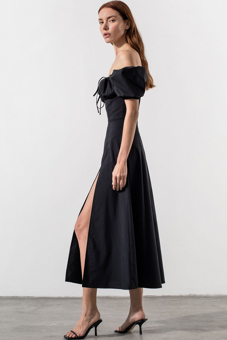 Black Off-Shoulder Puff Sleeve Tie Front High Slit A-Line Midi Dress