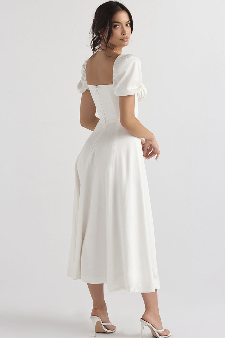 White Square Neck Puff Sleeve Ruched High Slit A-Line Midi Dress