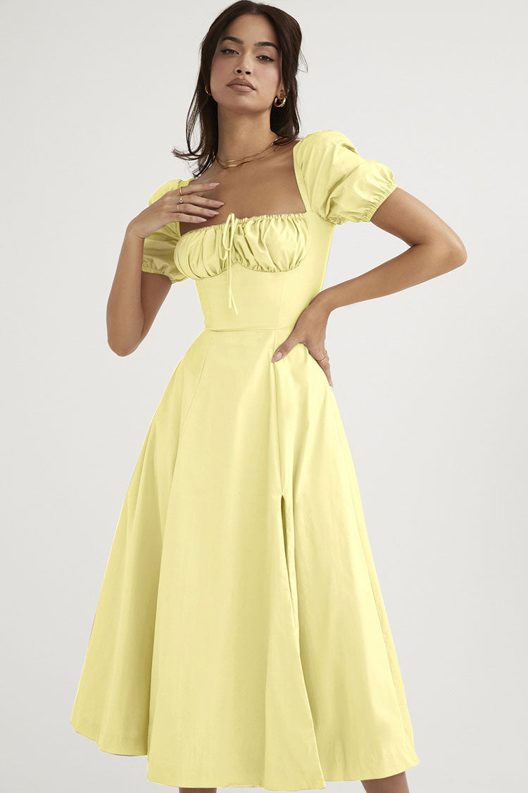 Yellow Square Neck Puff Sleeve Tie Front High Slit A-Line Midi Dress