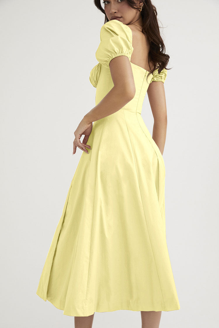 Yellow Square Neck Puff Sleeve Tie Front High Slit A-Line Midi Dress
