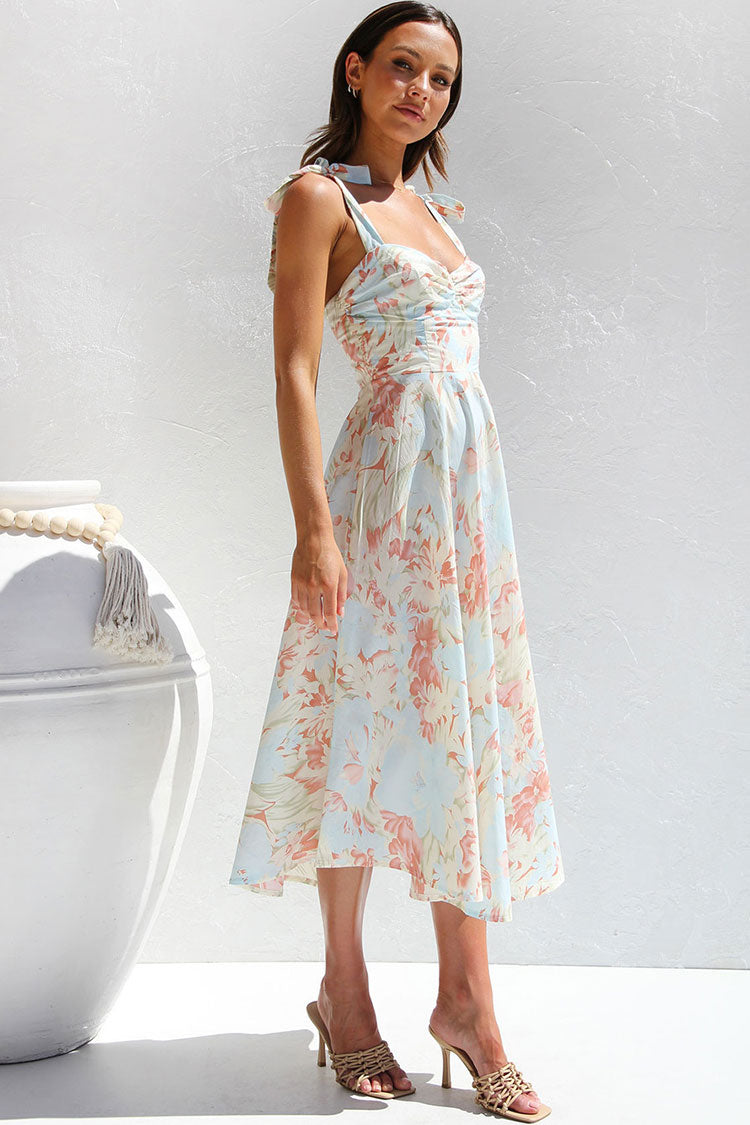 Apricot Sweetheart Tie Strap Floral Ruched Fit Flare Midi Dress