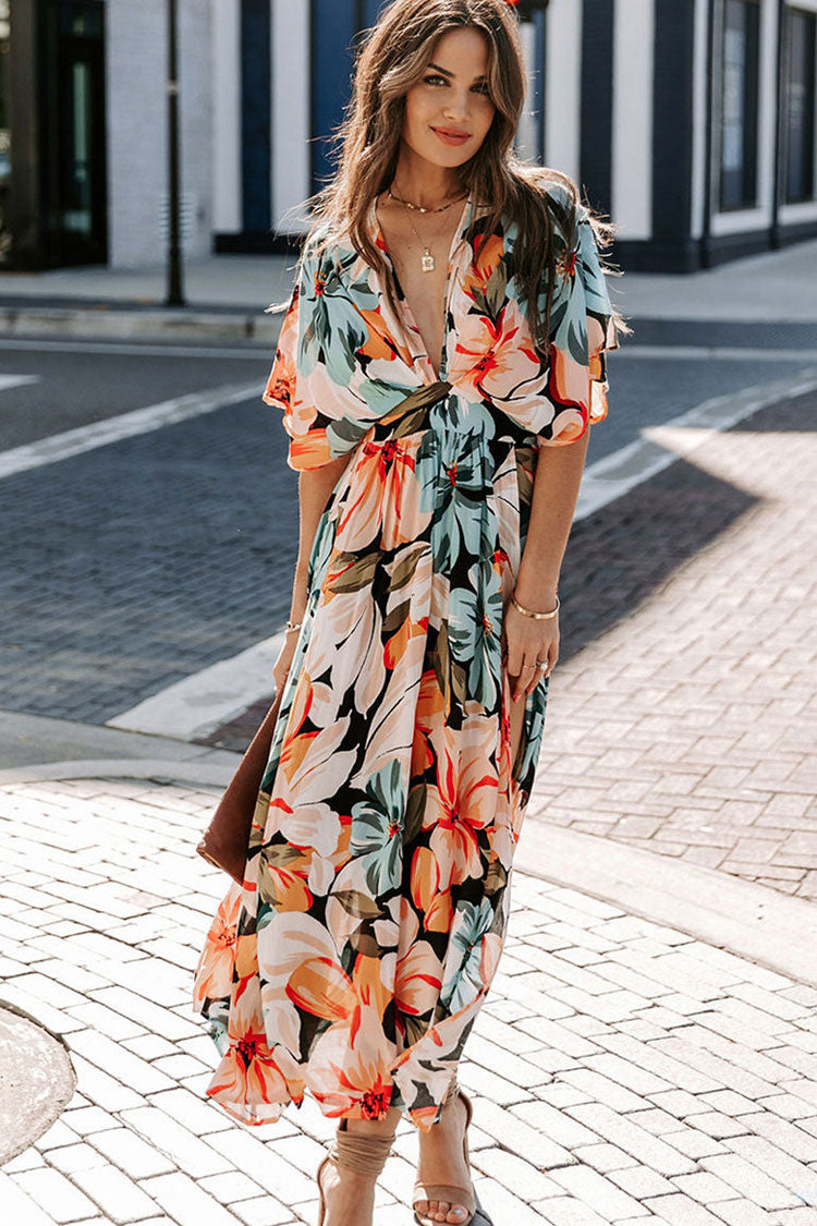 Floral V-Neck Floral Flutter Sleeve Twist Front High Slit Chiffon Maxi Dress