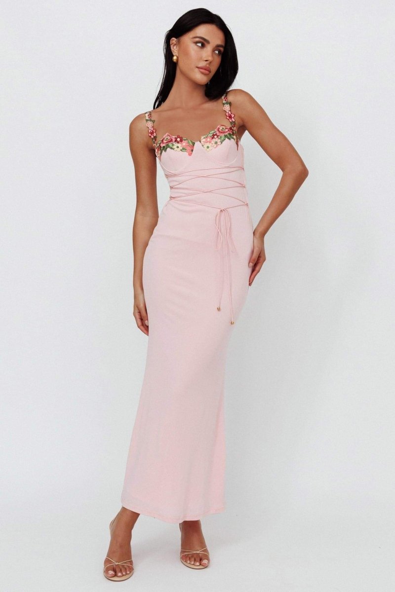 Leonor Chic Midi Dress with Floral Embroidery and Laces Elevated Occasion Wear