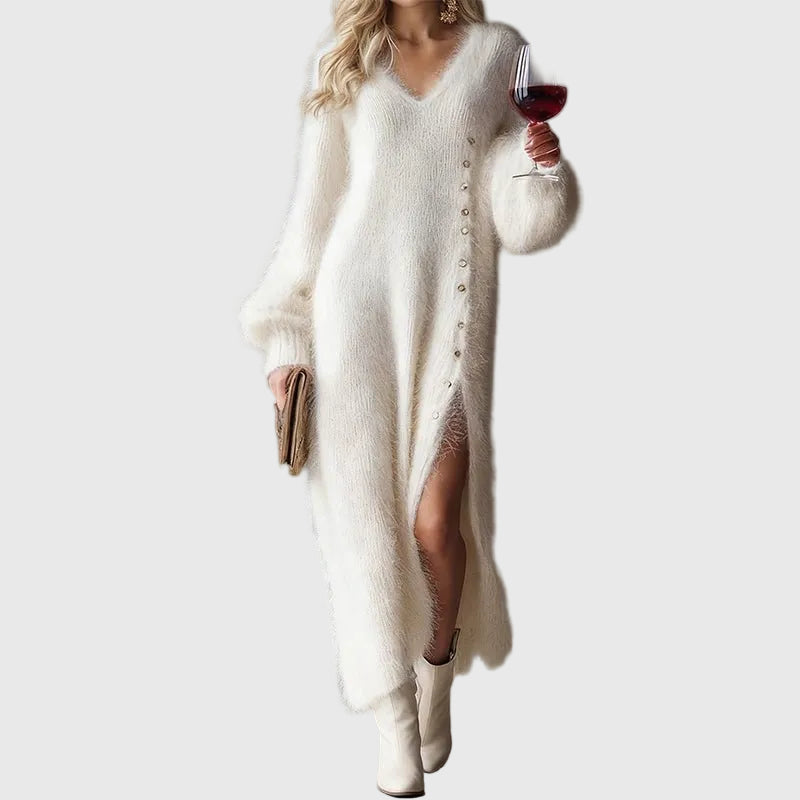 V-Neck Long Sleeve Fuzzy Knit Side Slit Sweater Maxi Dress