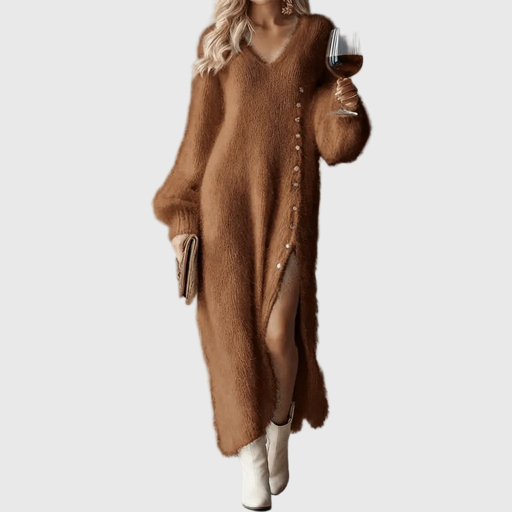 V-Neck Long Sleeve Fuzzy Knit Side Slit Sweater Maxi Dress