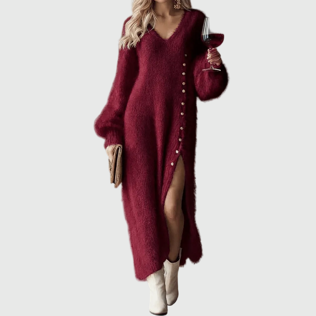 V-Neck Fuzzy Knit Button Side Slit Long Sleeve Maxi Sweater Dress 2