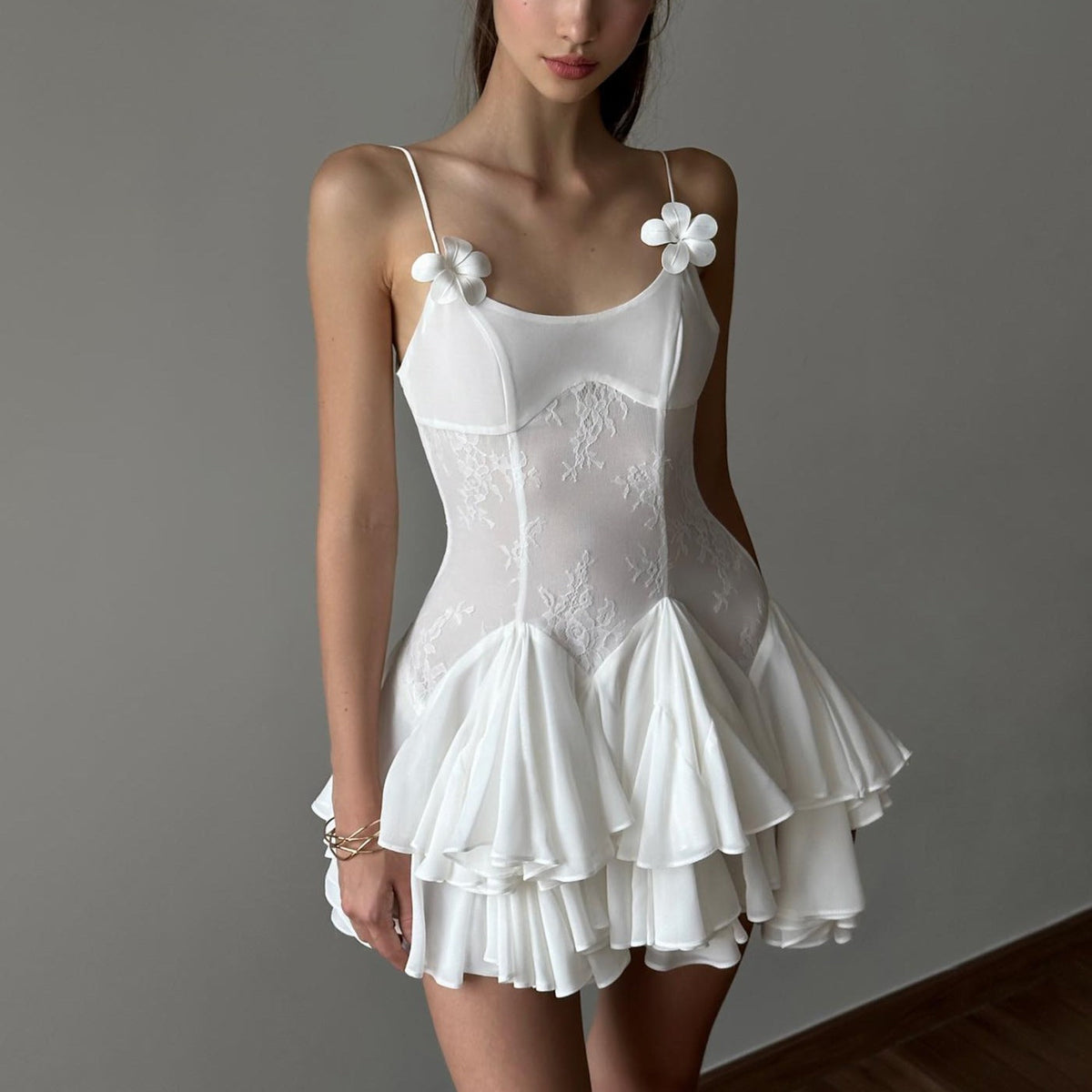 Strappy Floral Applique Lace Tiered Ruffle A-Line Mini Dress