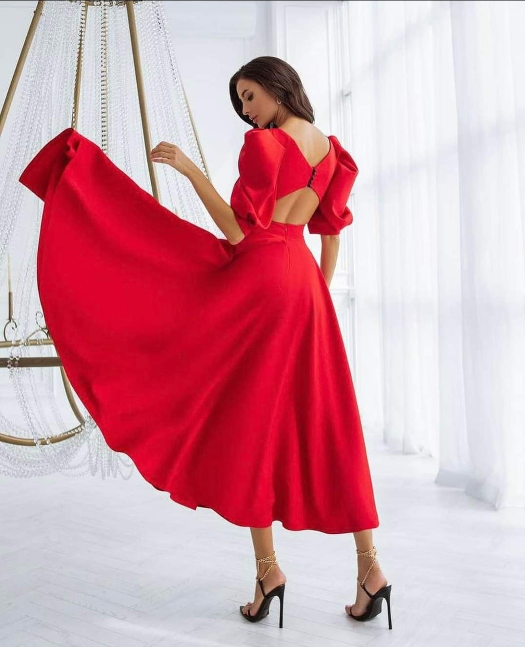Round Neck Puff Sleeve Flared A-Line Maxi Dress 8