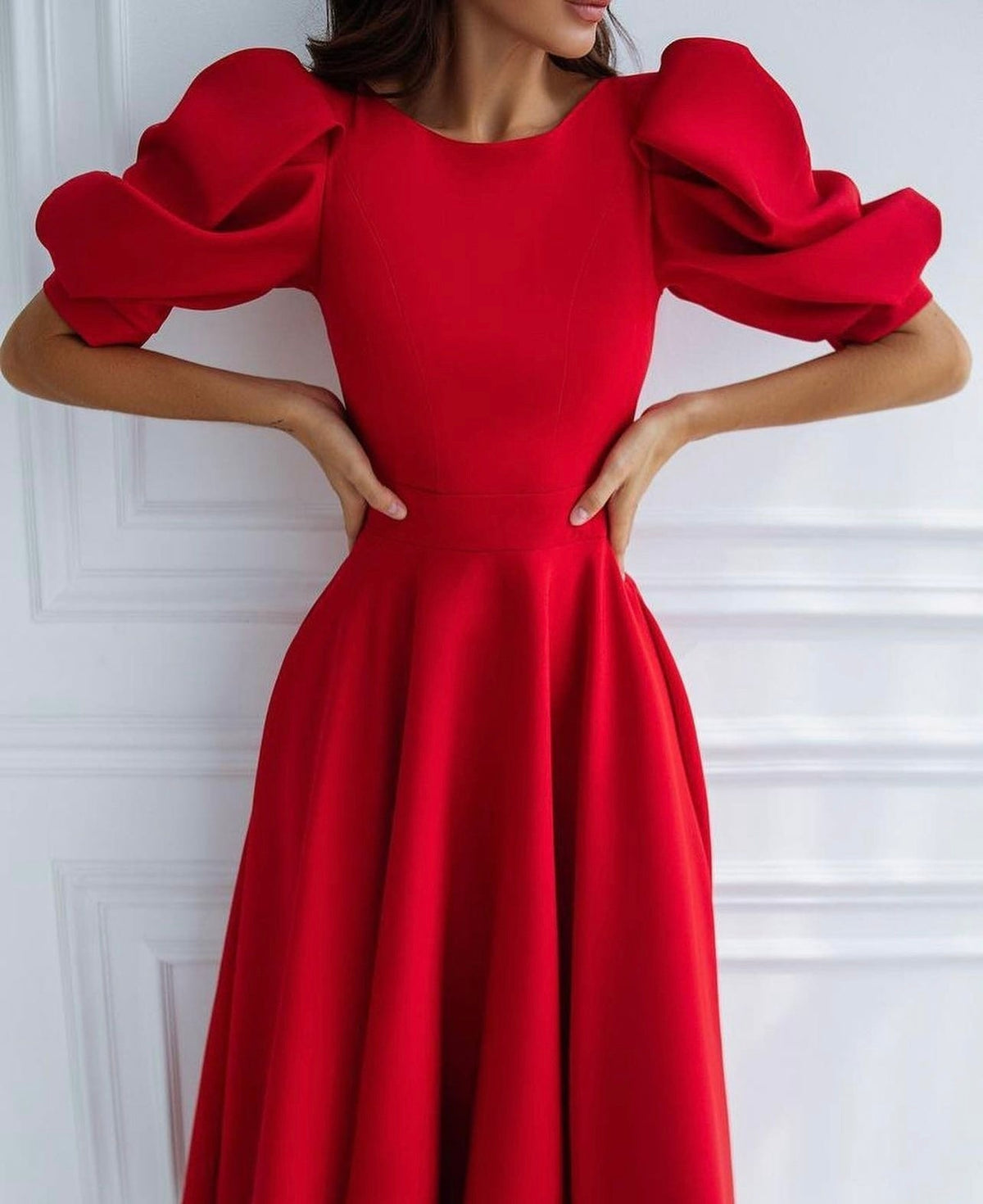 Round Neck Puff Sleeve Flared A-Line Maxi Dress 4