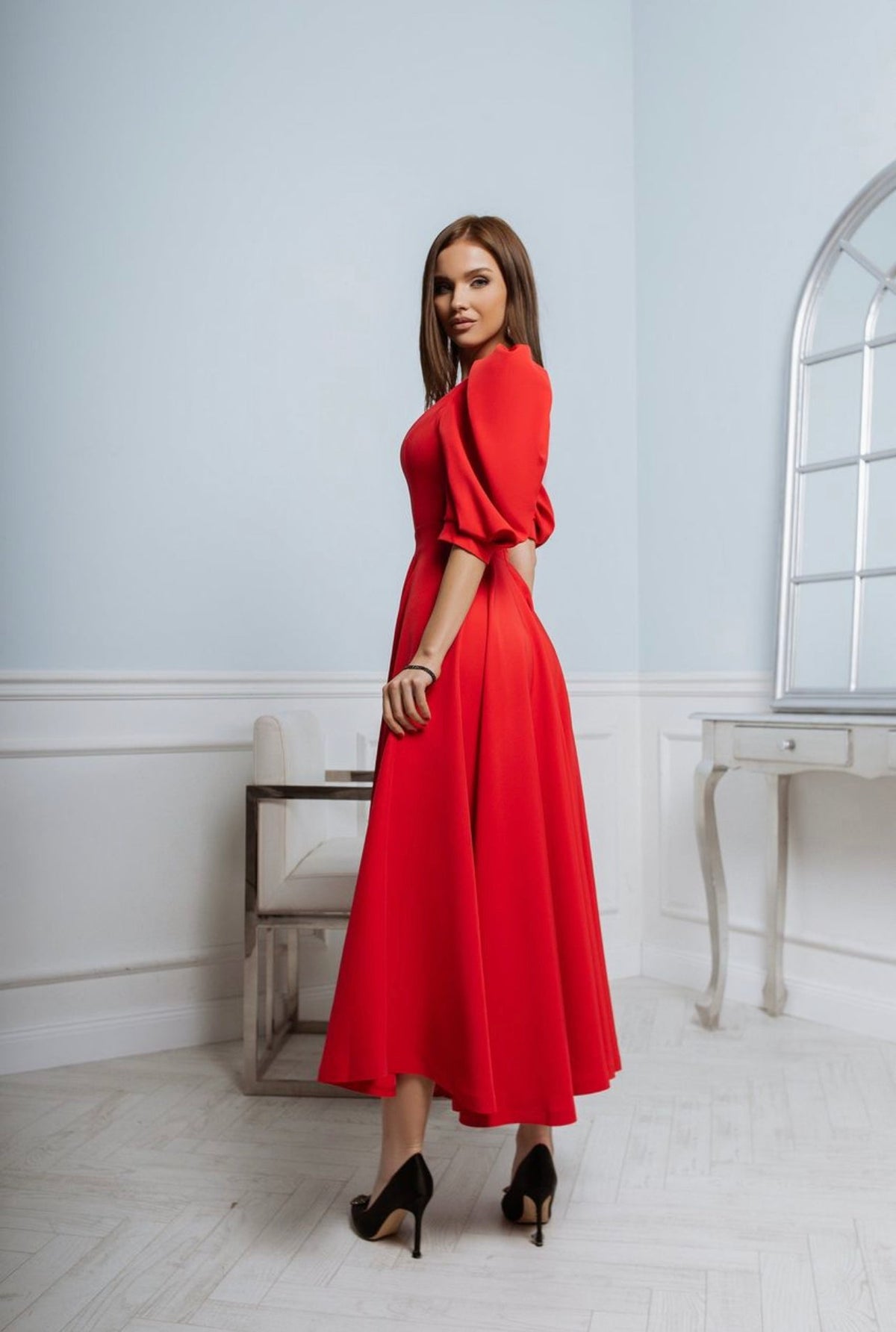 Round Neck Puff Sleeve Flared A-Line Maxi Dress 13