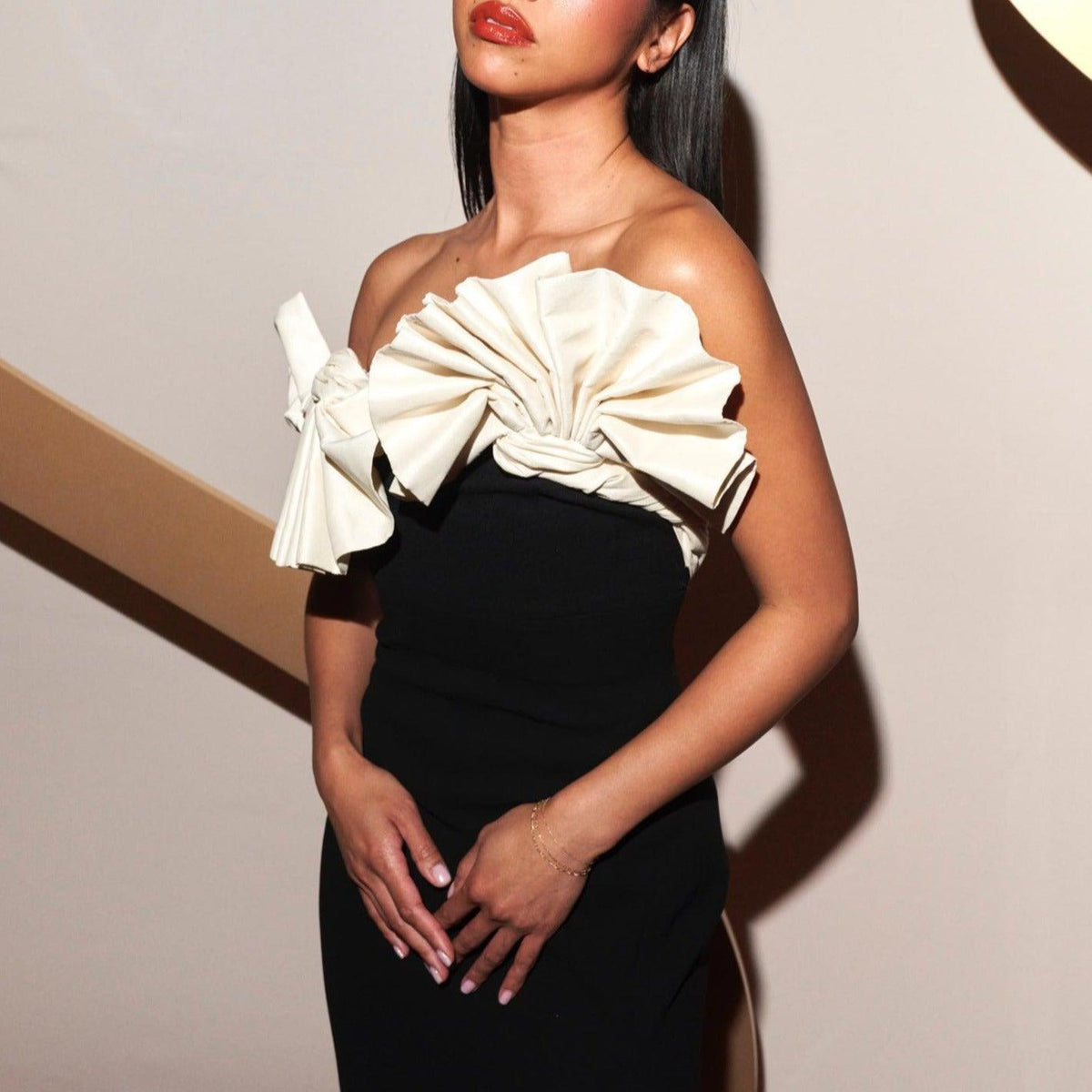 Black Strapless Contrast Ruffle Bow High Slit Column Maxi Gown